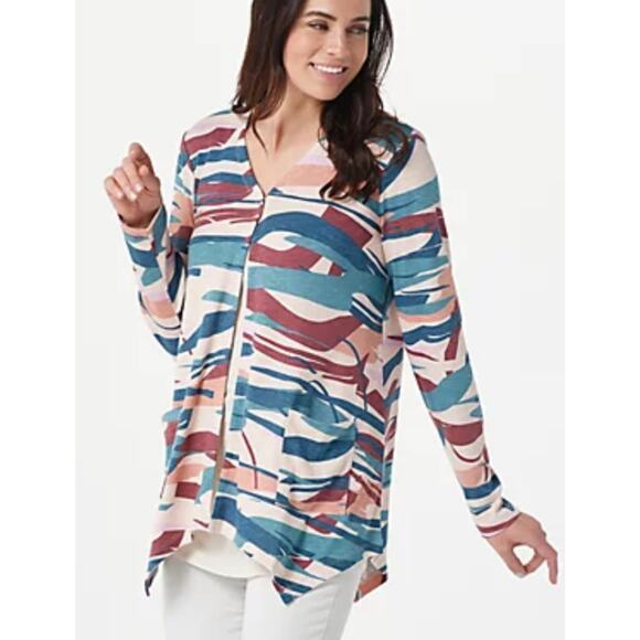 LOGO by Lori Goldstein Camo Snap Cardigan Women's Size 1X Colorful Cotton Modal - Picture 1 of 9